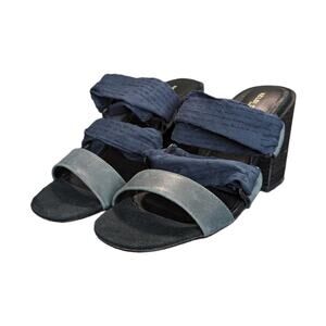 Kelsi Dagger Brooklyn Monaco Sandal Black Blue Fabric Block Heels Slip On 7.5.
